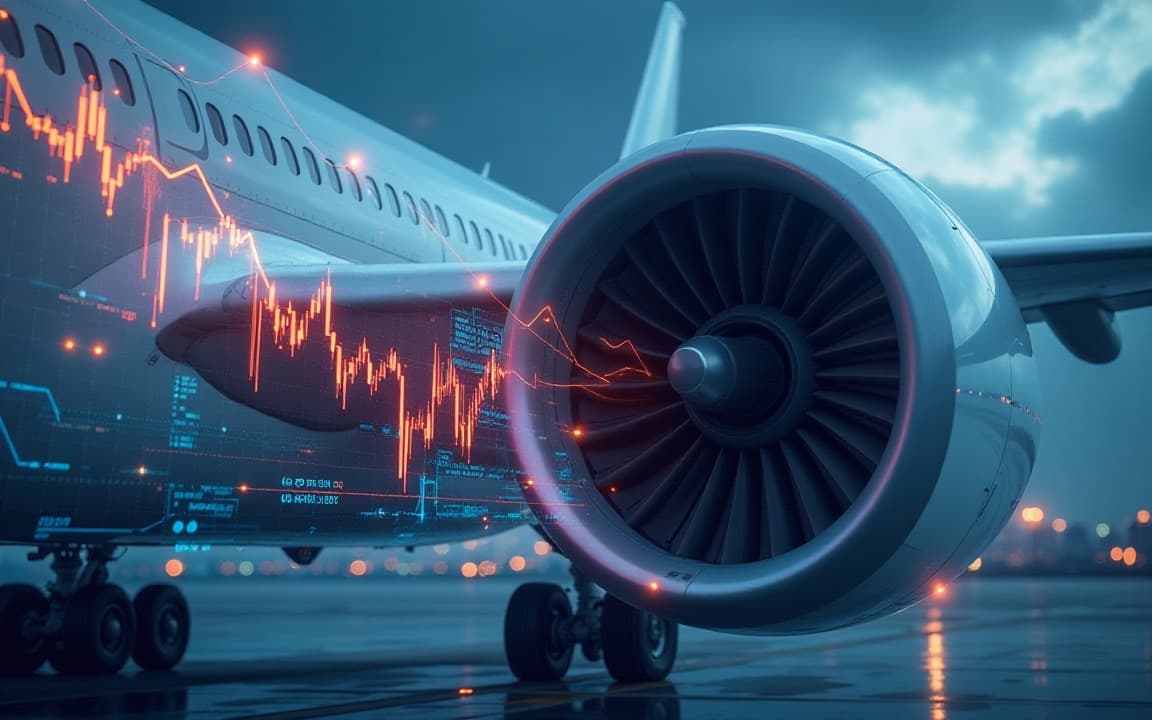 A jet engine on the tarmac, overlaid with glowing flight telemetry data
